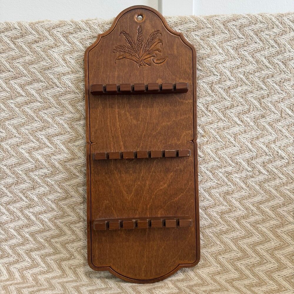 Vintage Wooden Wood Spoon Display Holder Rack Shelf With Wheat Carving 18 Spoons